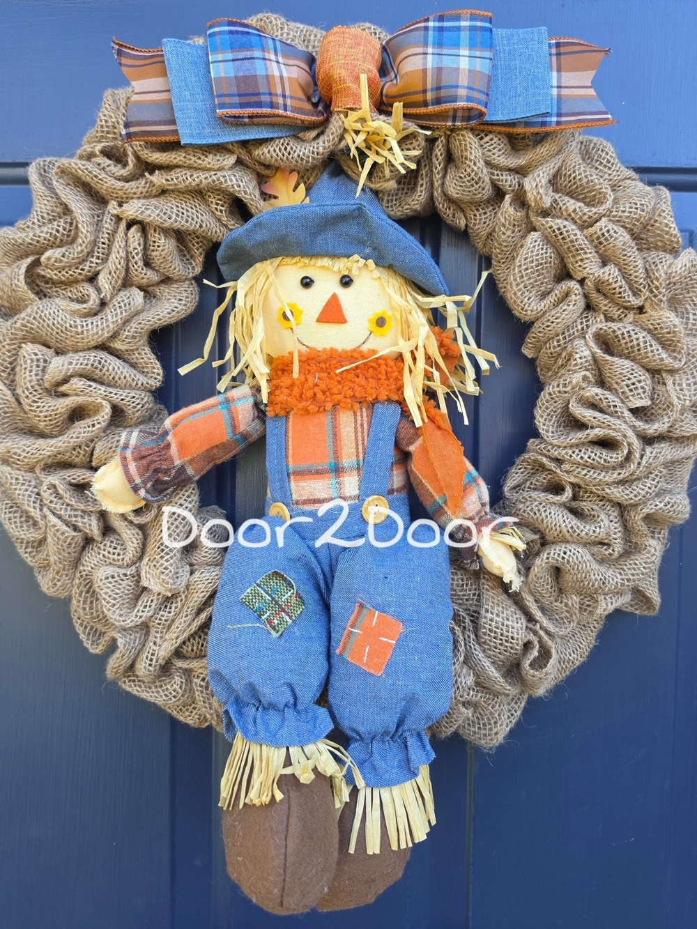 Autumn Scarecrow Burlap Wreath with Blue and Rust Accents